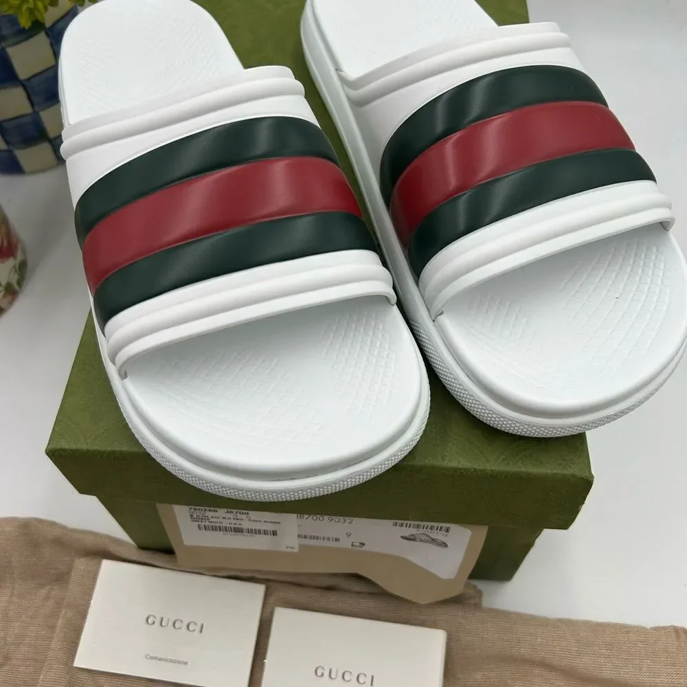 Men's Gucci ace web striped rubber, Pool slides size 9, made in Italy